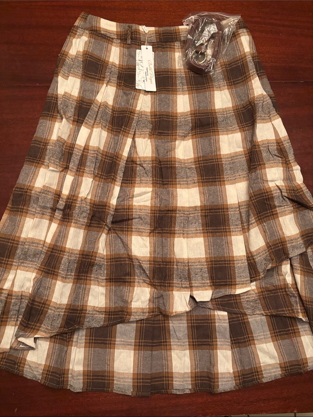 Belle Poque Brown & White XXL A-Line Plaid Skirt NEW in pkg